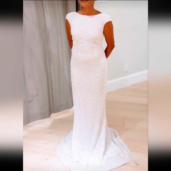 Frascara Wedding Dress White Beaded Sequin Sheath High Neck Low Back Gown - Picture 2 of 7